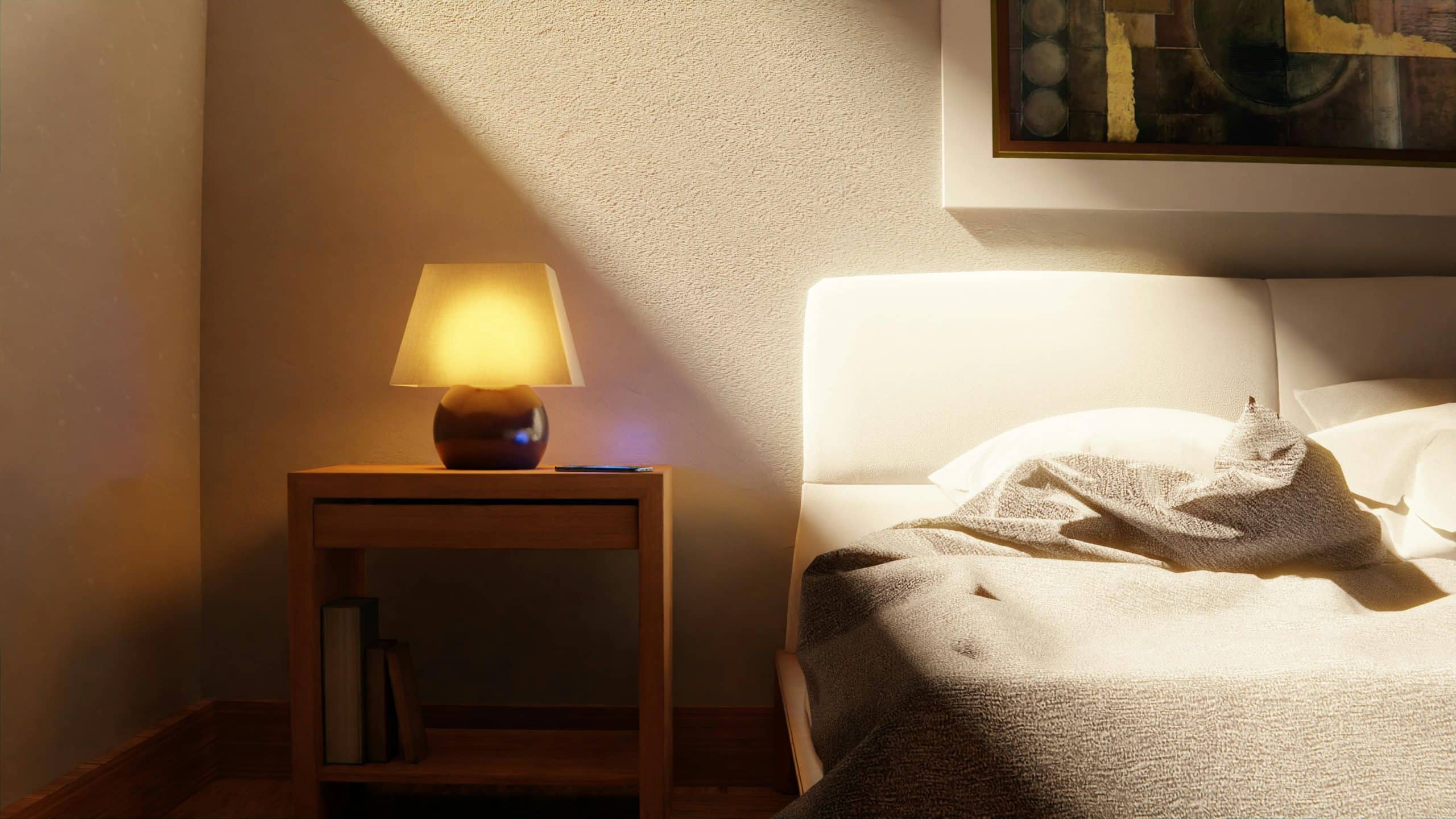 Image of bedroom with warm bedside light and sun shining onto the bed