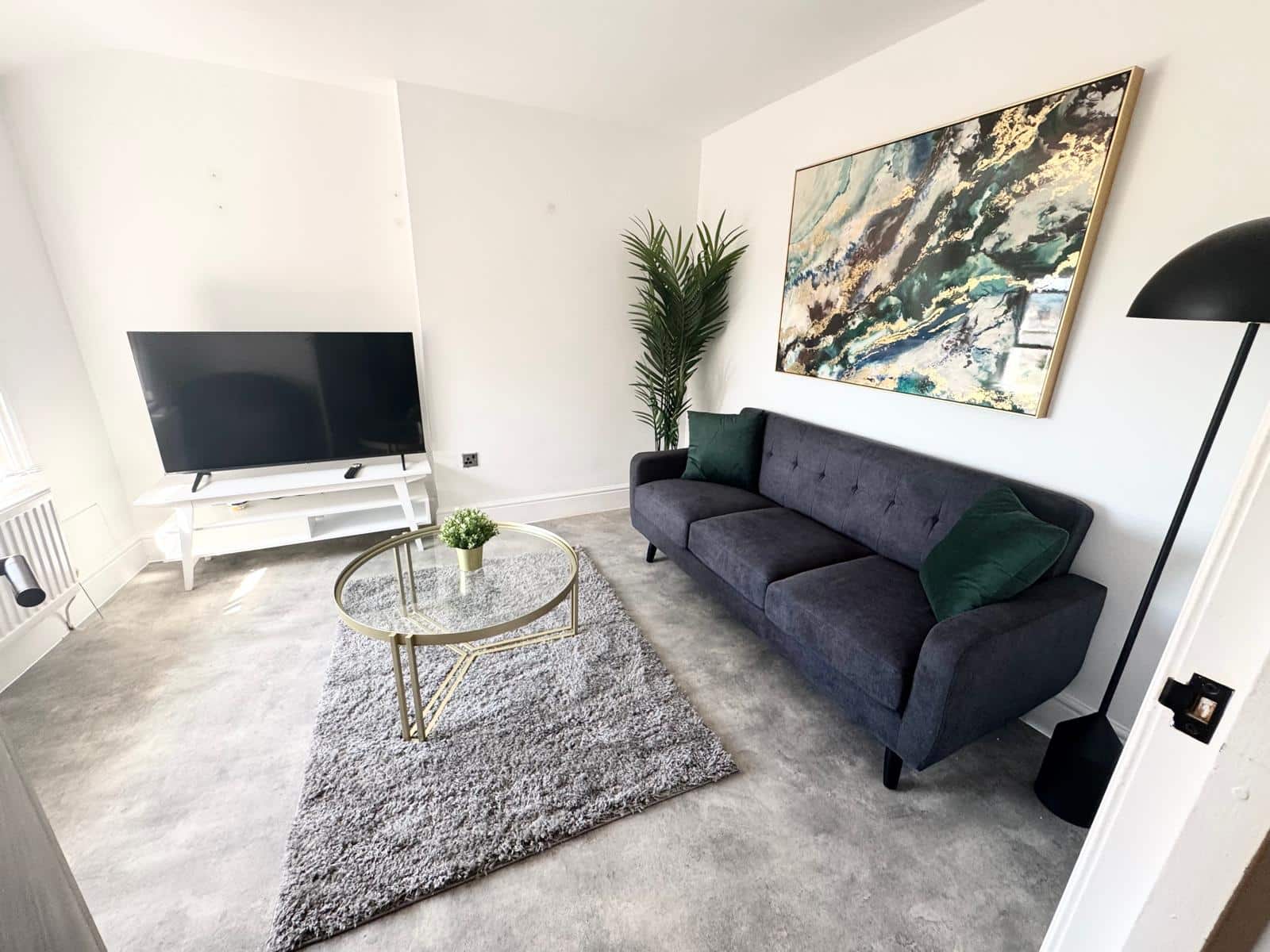 Newly refurbished living room at Hope Street apartment with sofa, glass coffee table, TV and big green plant