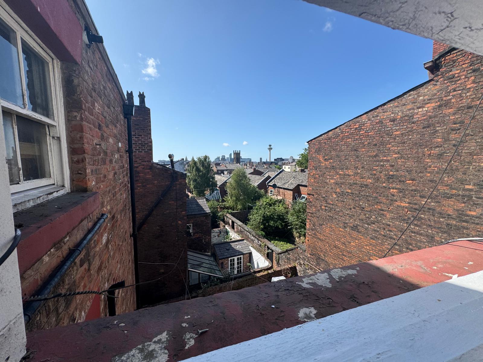 View from Hope Street apartment window with blue skies and houses