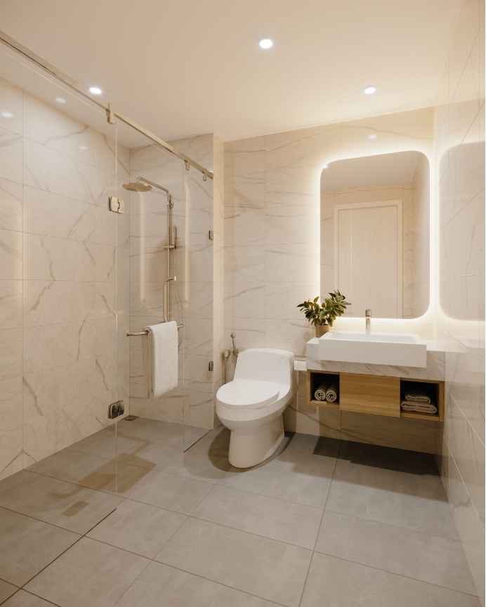 Modern, cream bathroom