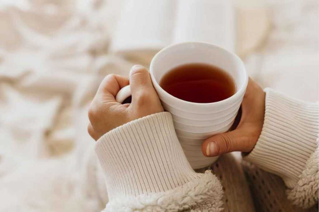 Close up of female hands holding cup of tea